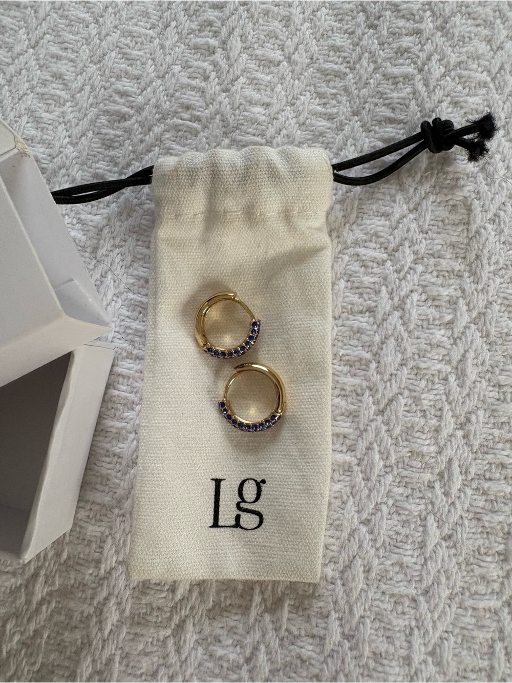 Lisa Gozlan Gold Huggie Hoop Earrings with Blue Stones - Picture 3 of 4